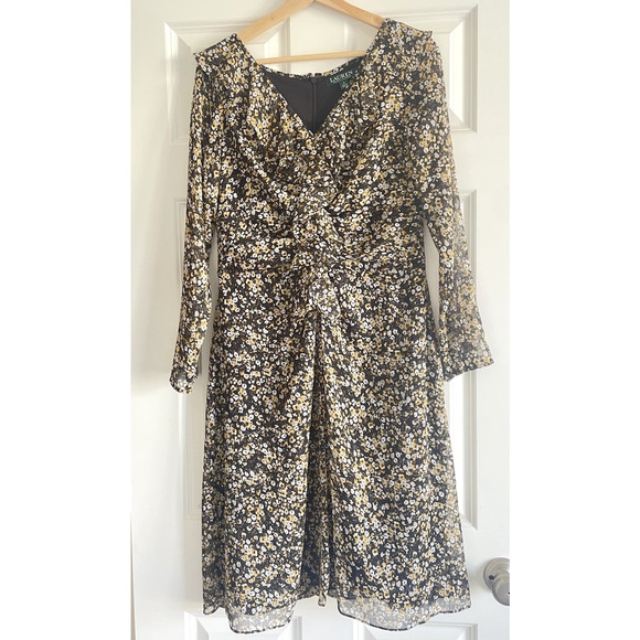 Lauren Ralph Lauren Womens Size 6 Dress Floral Ruffled Georgette Black Gold - Picture 1 of 7